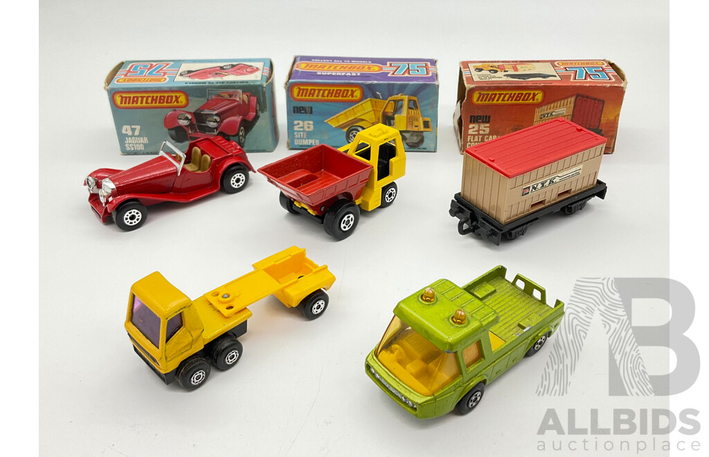 Vintage Diecast Matchbox 75 Series Including Jagar SS100, Site Dumper, Flat Car/ Container with Original Boxes and Toe Joe, Articulated Truck