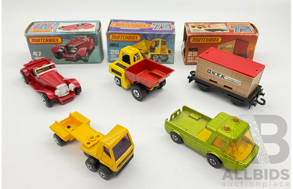 Vintage Diecast Matchbox 75 Series Including Jagar SS100, Site Dumper, Flat Car/ Container with Original Boxes and Toe Joe, Articulated Truck