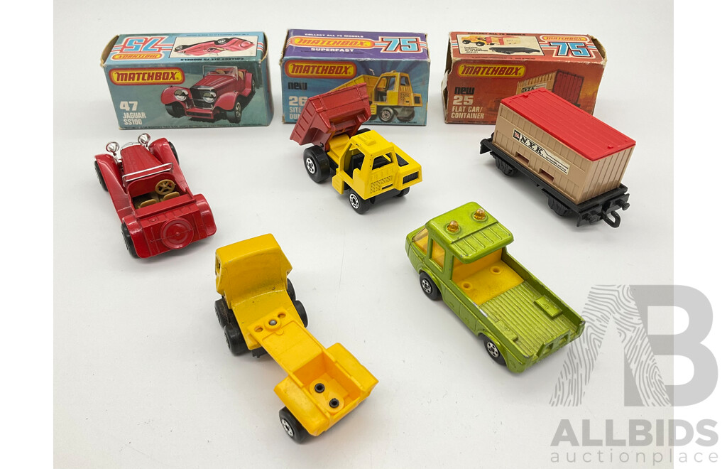 Vintage Diecast Matchbox 75 Series Including Jagar SS100, Site Dumper, Flat Car/ Container with Original Boxes and Toe Joe, Articulated Truck