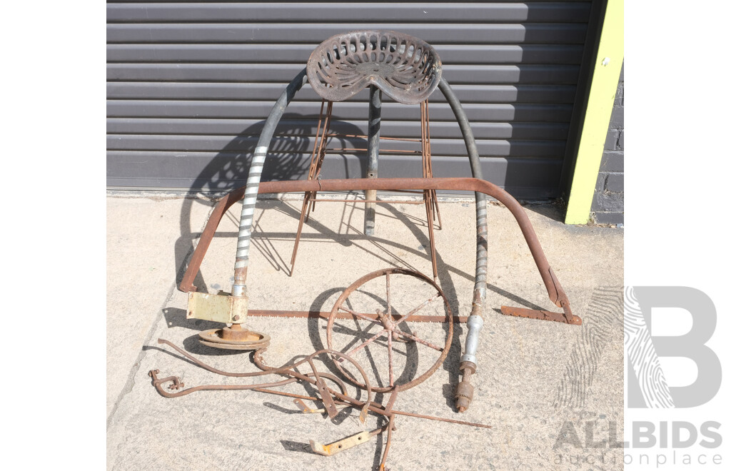 Vintage Farm Items Including Cast Iron Tractor Seat on Post, Six Spoke Wheelbarrow Wheel, Pulley Driven Flexi Drill and More