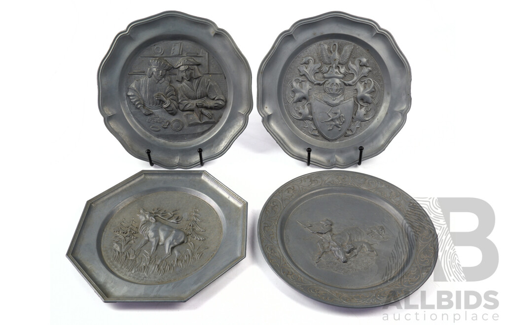 Vintage German Pewter Display Plates Depicting Hunting, Stag, Banker and His Wife and Coat of Arms, Angel with Trumpet Makers Mark Verso