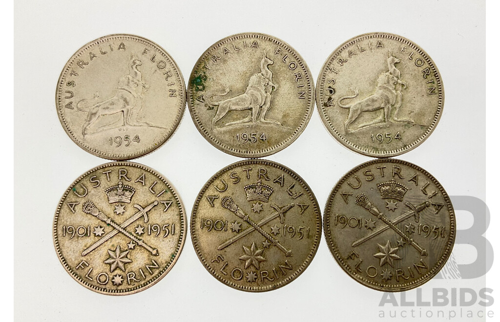 Australian Commemorative Silver Florins 1951 Federation(3) and 1954 Royal Visit(3) .500