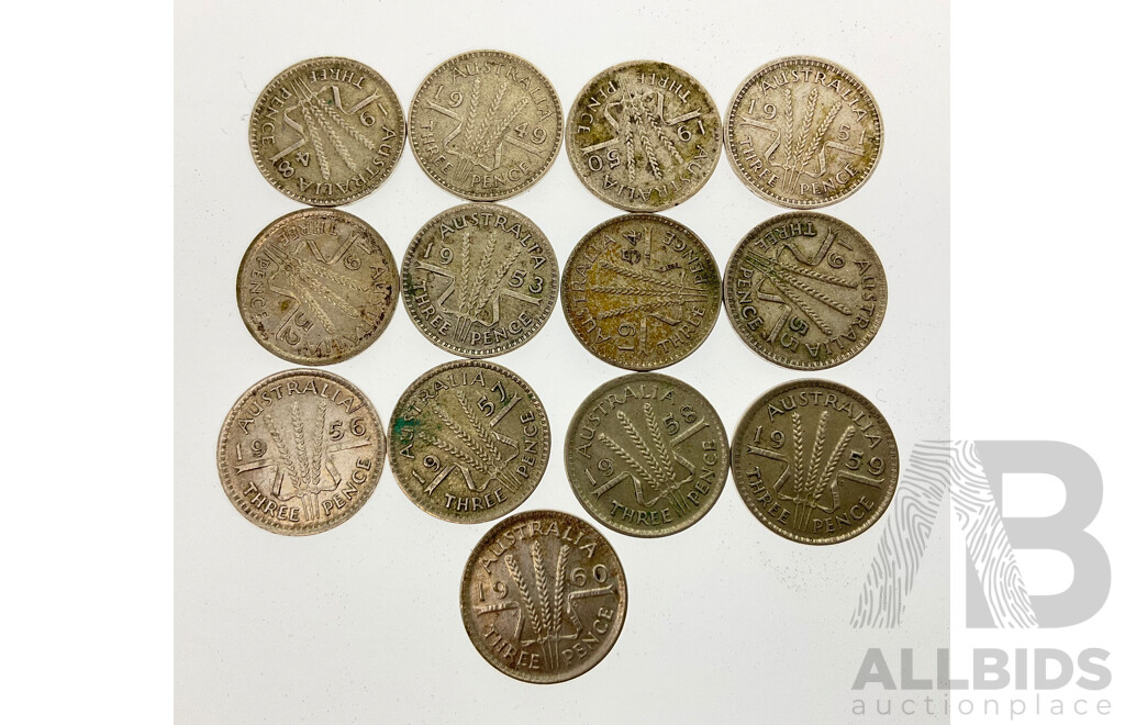 Collection of Australian Silver Threepence Coins, Consecutive Years 1948-1960 .500