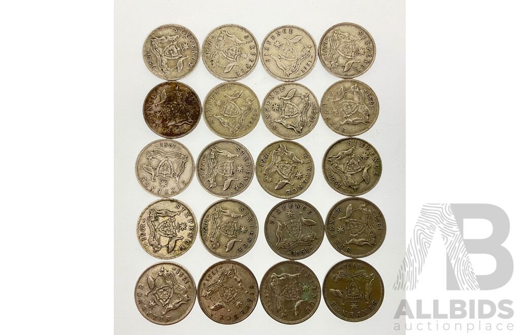 Twenty Australian 1951 Silver Sixpence Coins Including Eleven PL London Mint .500