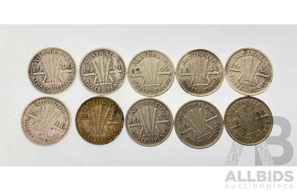 Australian Silver Threepence Including 1940(2) 1941(2) 1942 San Fransisco Mint(2) 1943(2) 1944 San Fransisco Mint(2) .925