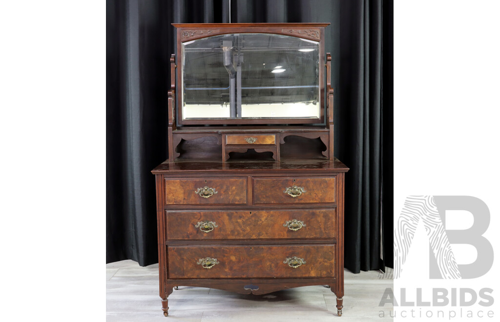 Victorian Mahogany Dresser with Walnut Burl Drawer Fronts and Beveled Mirror