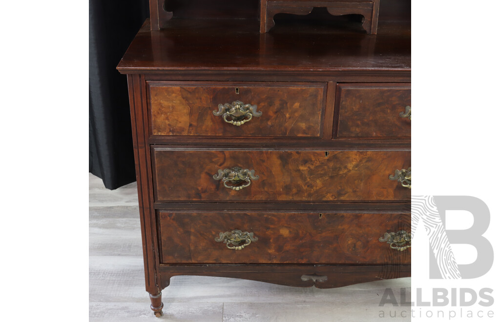 Victorian Mahogany Dresser with Walnut Burl Drawer Fronts and Beveled Mirror