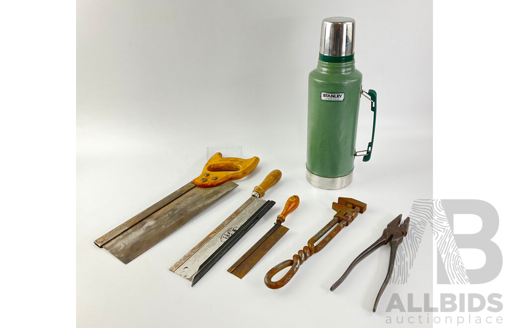 Collection of Vintage Tools Including Spear and Jackson Back Saw, Dovetail Saws, Adjustable Wrench with Twist Handle, Large Piliers and Stanley Vacuum Flask in Hammer Tone Green