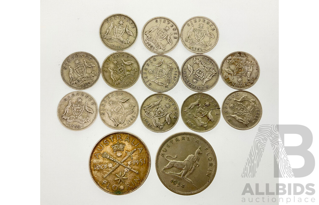 Australian Predecimal Silver Coins Including 1951 and 1954 Commemorative Florins, Sixpences 1946(2) 1951(8) 1950(2) 1954