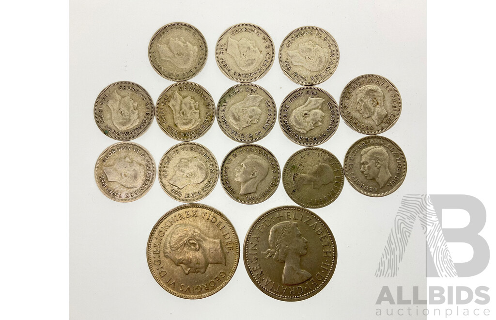 Australian Predecimal Silver Coins Including 1951 and 1954 Commemorative Florins, Sixpences 1946(2) 1951(8) 1950(2) 1954