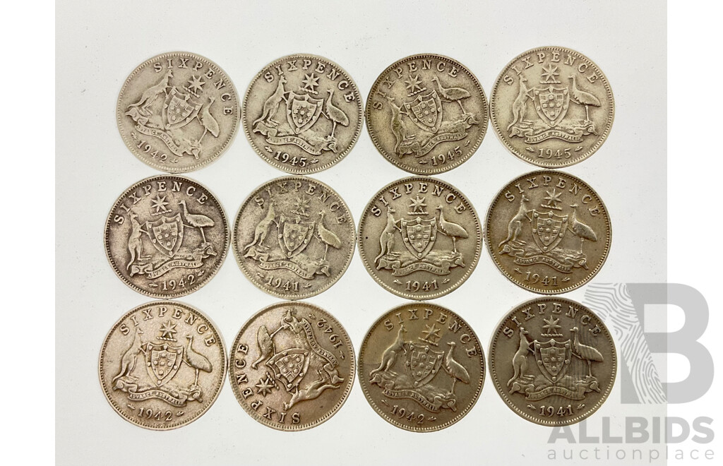 Twelve Australian Predecimal, Pre 1945 Silver Sixpence Coins Including 1941(4) 1942(5) 1945(3) .925