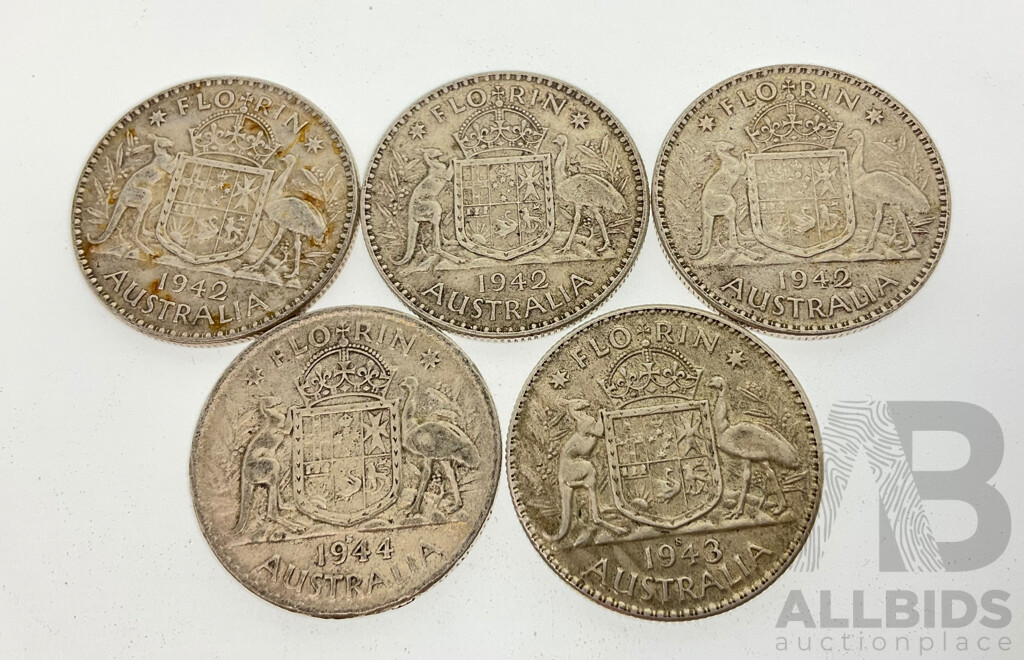 Five Australian Predecimal, Pre 1946 Silver Florin Coins Including 1942(3) 1943 and 1944, Both San Francisco Mint .925