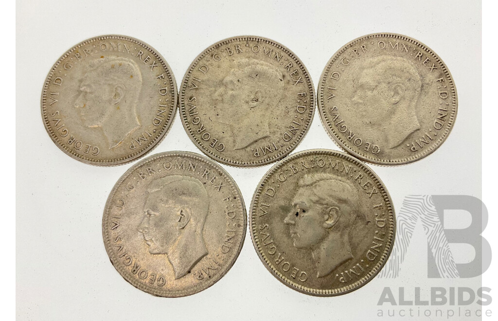 Five Australian Predecimal, Pre 1946 Silver Florin Coins Including 1942(3) 1943 and 1944, Both San Francisco Mint .925