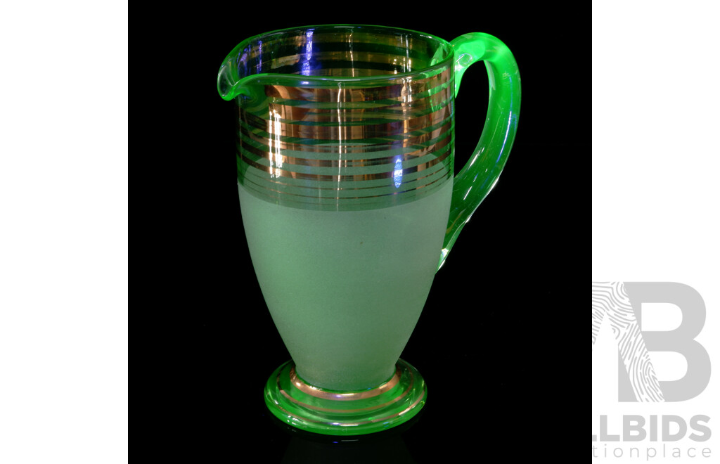 Mid Century Uranium Glass Pitcher with Gilt Lines