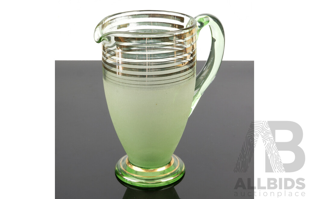 Mid Century Uranium Glass Pitcher with Gilt Lines