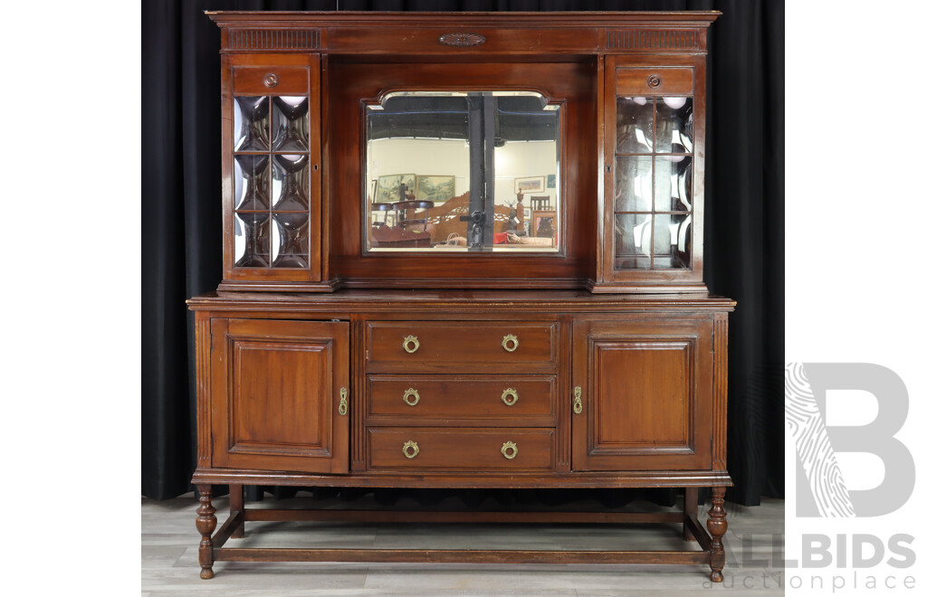 Antique Sideboard Hutch with Convex Glass Panels, Beveled Mirror and Turned Legs