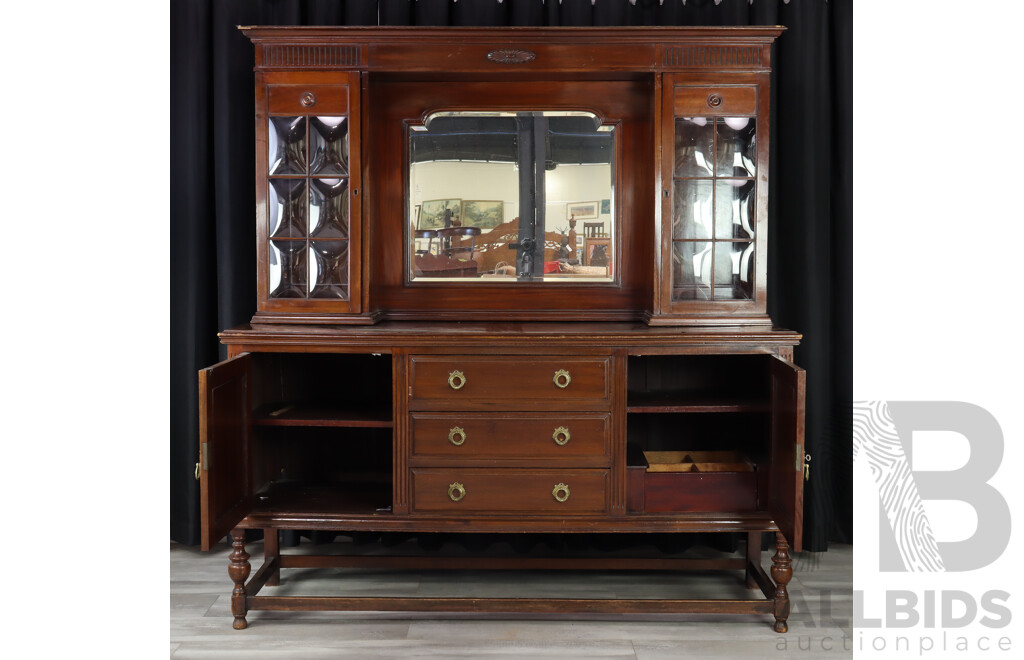 Antique Sideboard Hutch with Convex Glass Panels, Beveled Mirror and Turned Legs