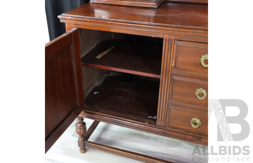 Antique Sideboard Hutch with Convex Glass Panels, Beveled Mirror and Turned Legs