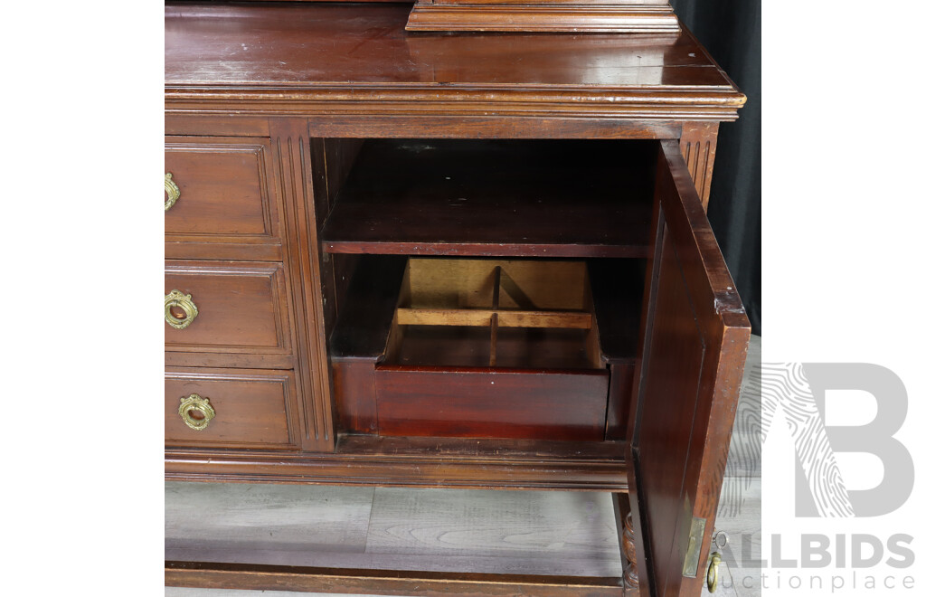 Antique Sideboard Hutch with Convex Glass Panels, Beveled Mirror and Turned Legs