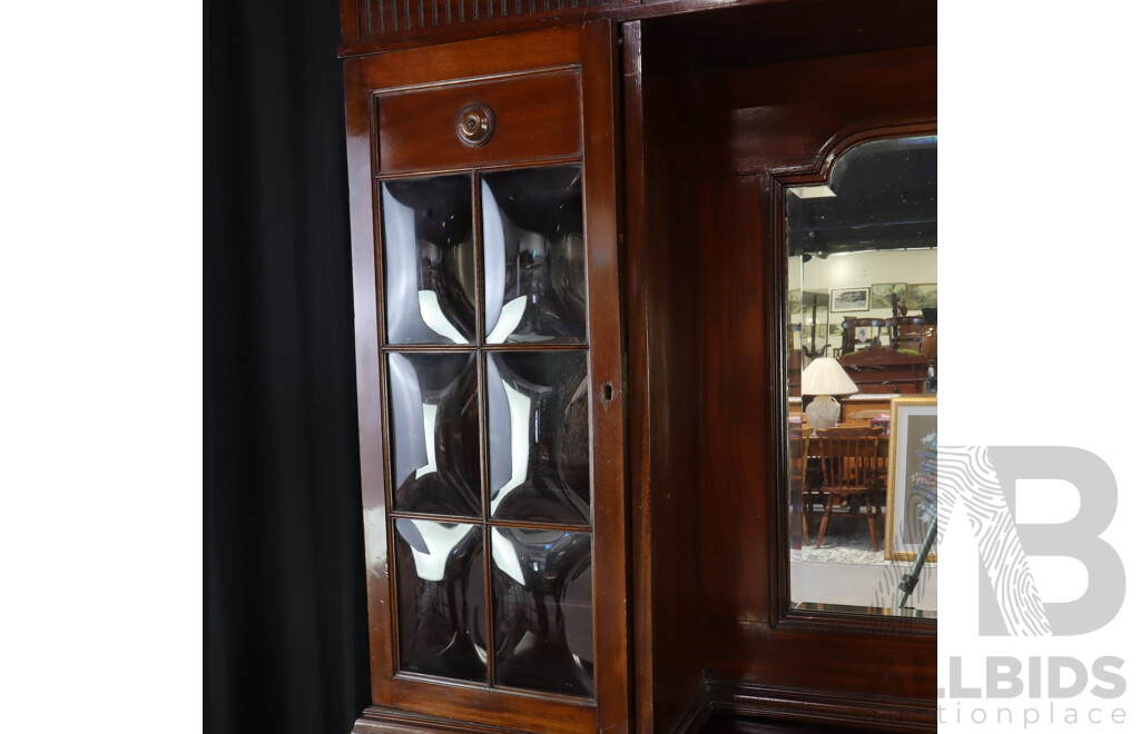 Antique Sideboard Hutch with Convex Glass Panels, Beveled Mirror and Turned Legs