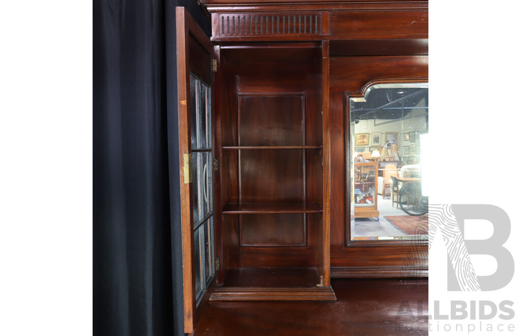 Antique Sideboard Hutch with Convex Glass Panels, Beveled Mirror and Turned Legs