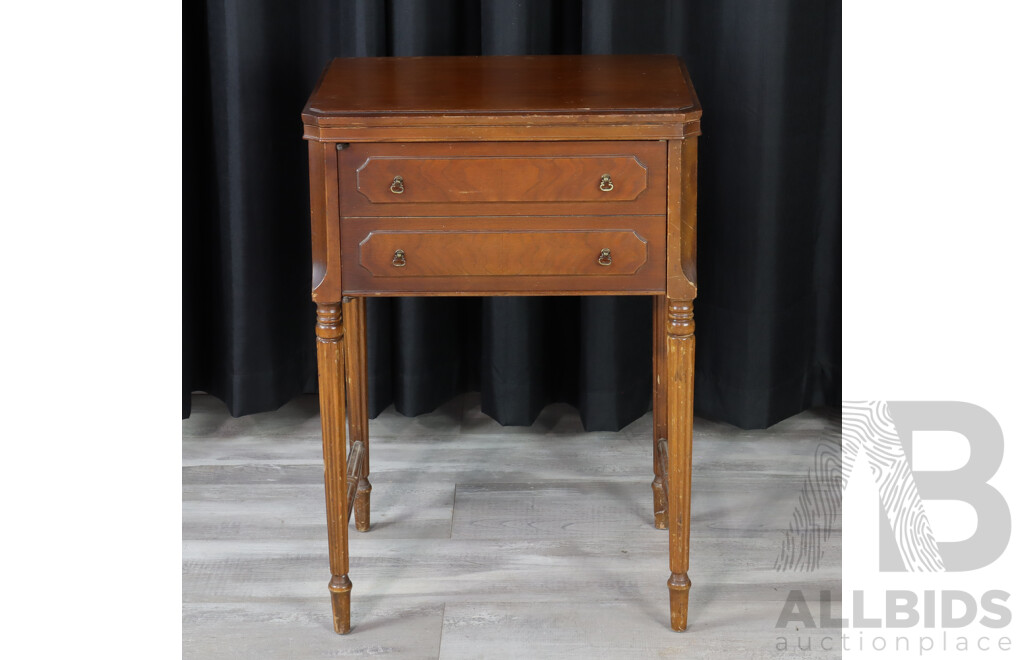 Vintage Domestic Brand Sewing Machine Side Table with Neo Classical Legs and Pull Out Compartment