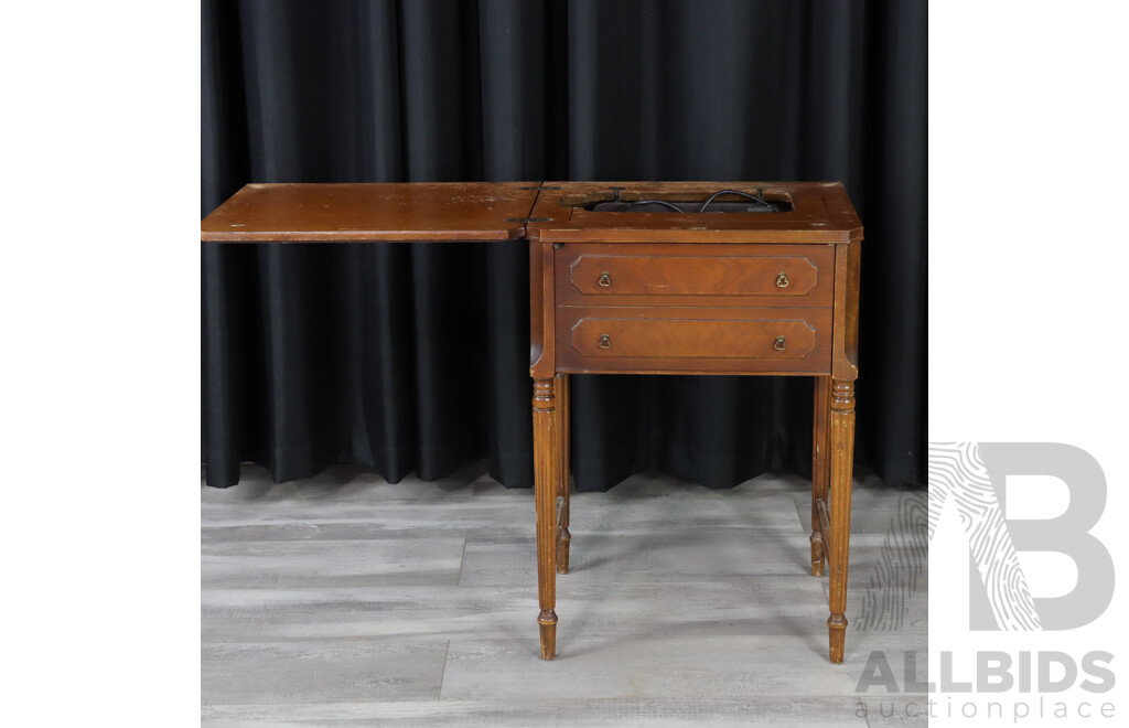 Vintage Domestic Brand Sewing Machine Side Table with Neo Classical Legs and Pull Out Compartment