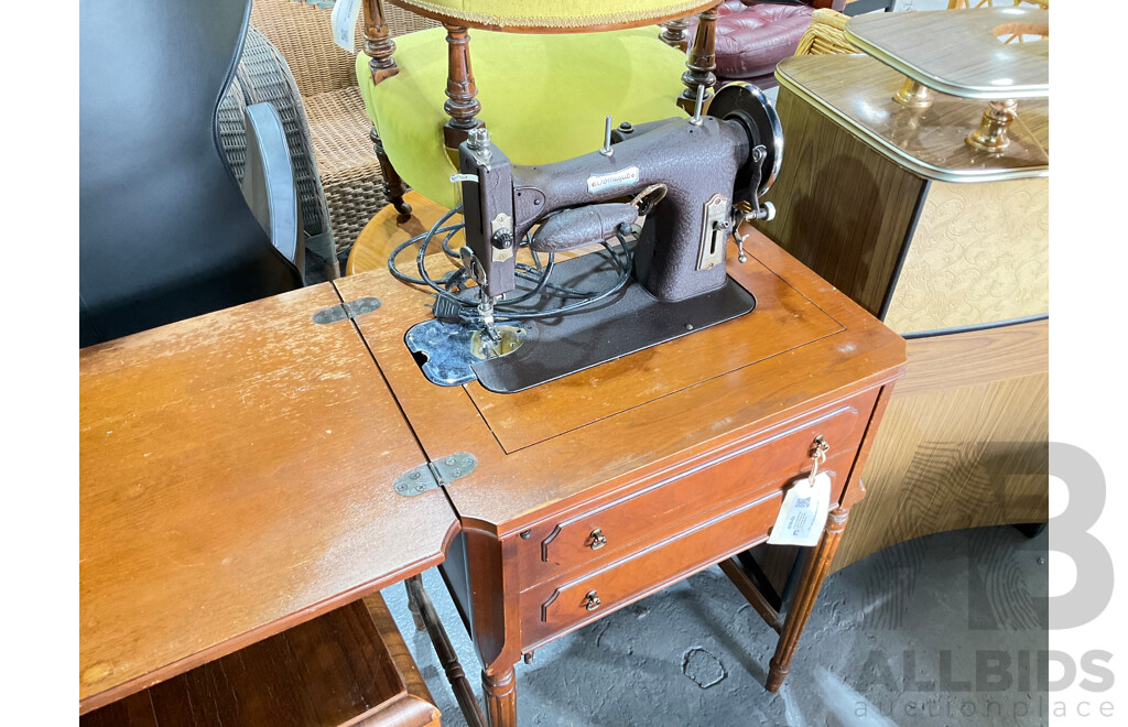 Vintage Domestic Brand Sewing Machine Side Table with Neo Classical Legs and Pull Out Compartment