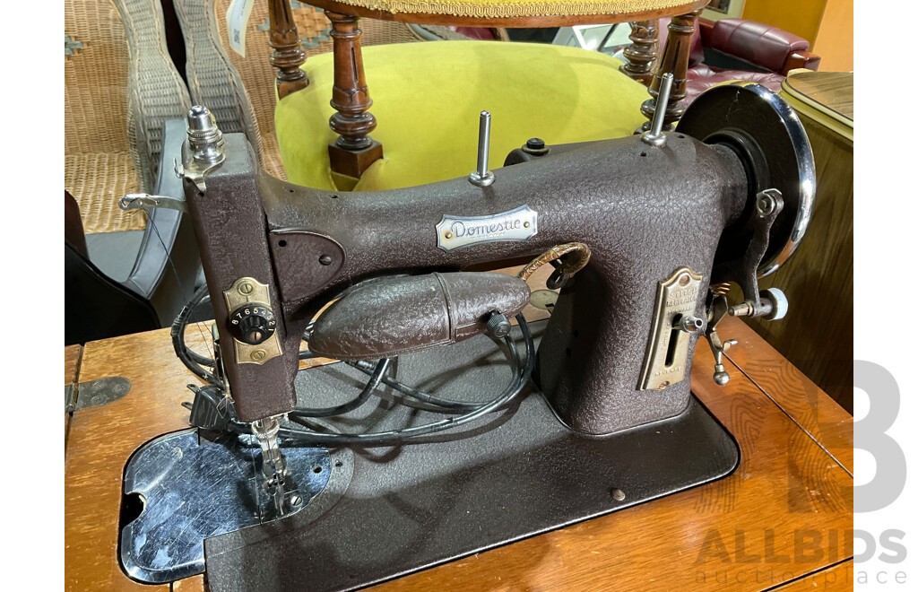 Vintage Domestic Brand Sewing Machine Side Table with Neo Classical Legs and Pull Out Compartment