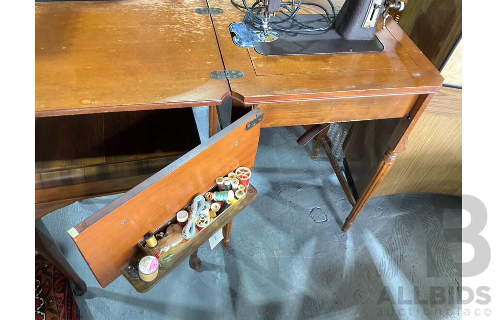 Vintage Domestic Brand Sewing Machine Side Table with Neo Classical Legs and Pull Out Compartment