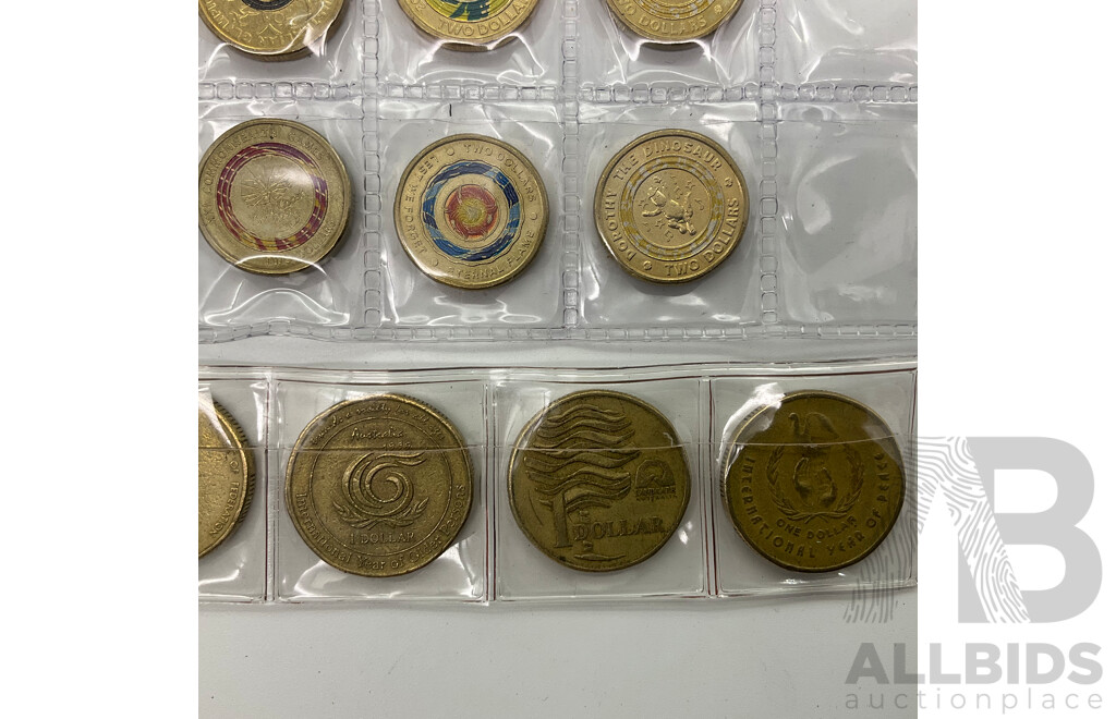 Collection of Australian Commemorative Coins Including Two Dollar Coins, 2017 Lest We Forget, 2018 Gold Coast Celebrate, 2019 Wallabies, 2017 Possum Magic, 2021 Captain Feather Sword, One Dollars 1986 Year of Peace, 1993 Landcare,..