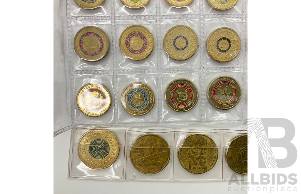 Collection of Australian Commemorative Coins Including Two Dollar Coins, 2017 Lest We Forget, 2018 Gold Coast Celebrate, 2019 Wallabies, 2017 Possum Magic, 2021 Captain Feather Sword, One Dollars 1986 Year of Peace, 1993 Landcare,..