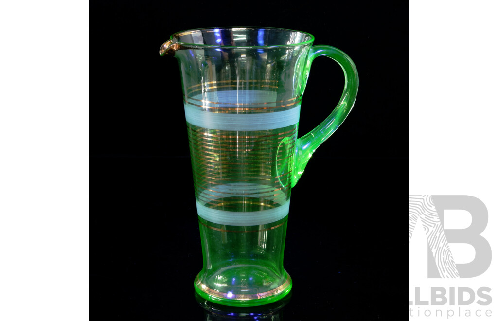 Tall Vintage Uranium Glass Pitcher with Gilt Lines