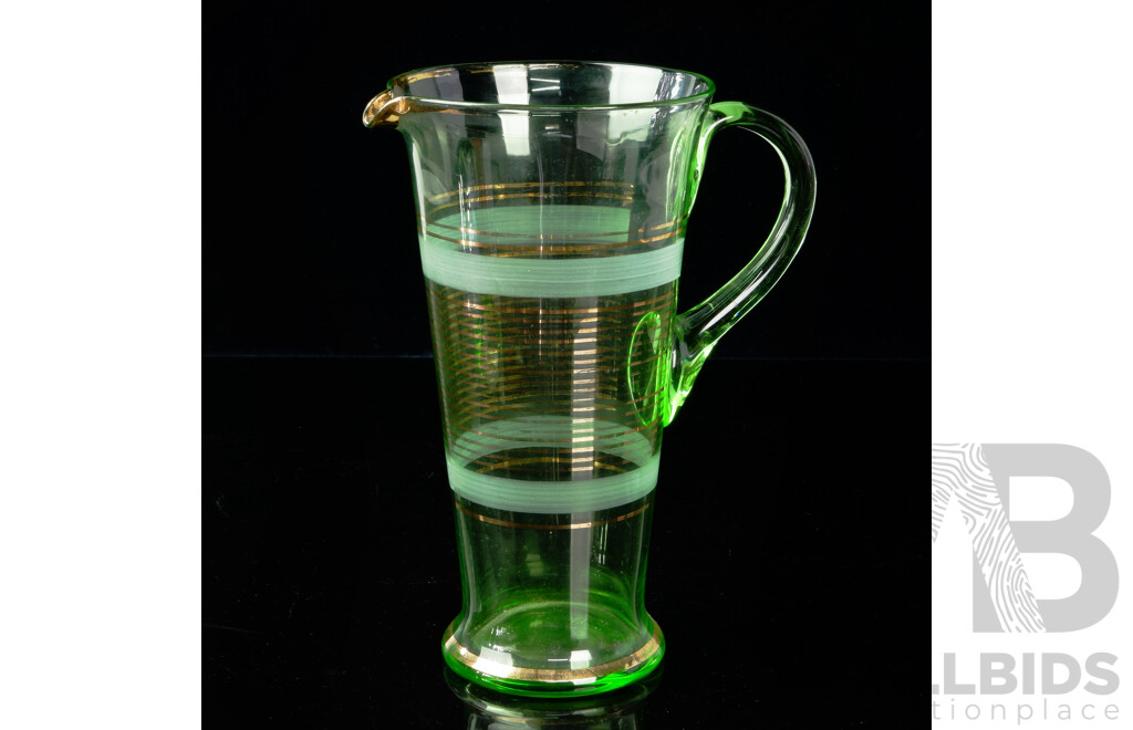 Tall Vintage Uranium Glass Pitcher with Gilt Lines