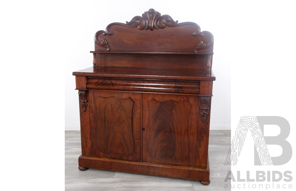Victorian Flame Mahogany and Cedar Chiffonier with Carved Shelf Back and Shield Doors