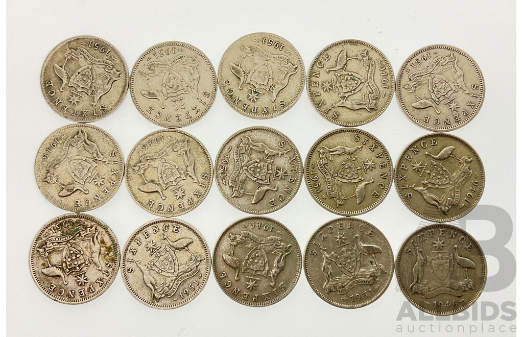 Fifteen Australian KGVI Silver Sixpence Coins, 1946 and 1951 Including Five PL London Mint .500