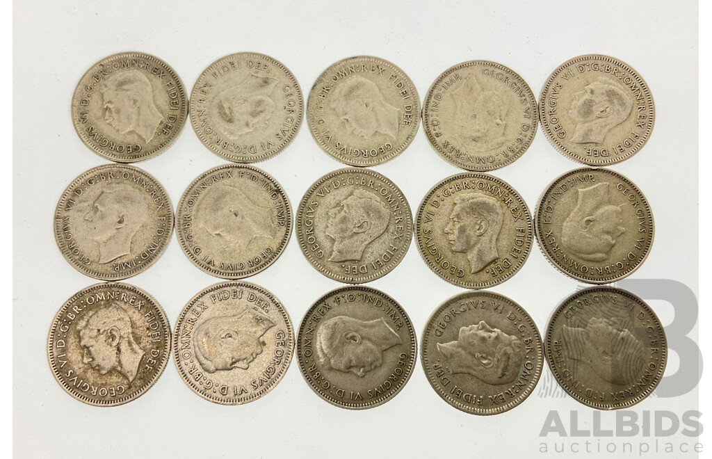 Fifteen Australian KGVI Silver Sixpence Coins, 1946 and 1951 Including Five PL London Mint .500