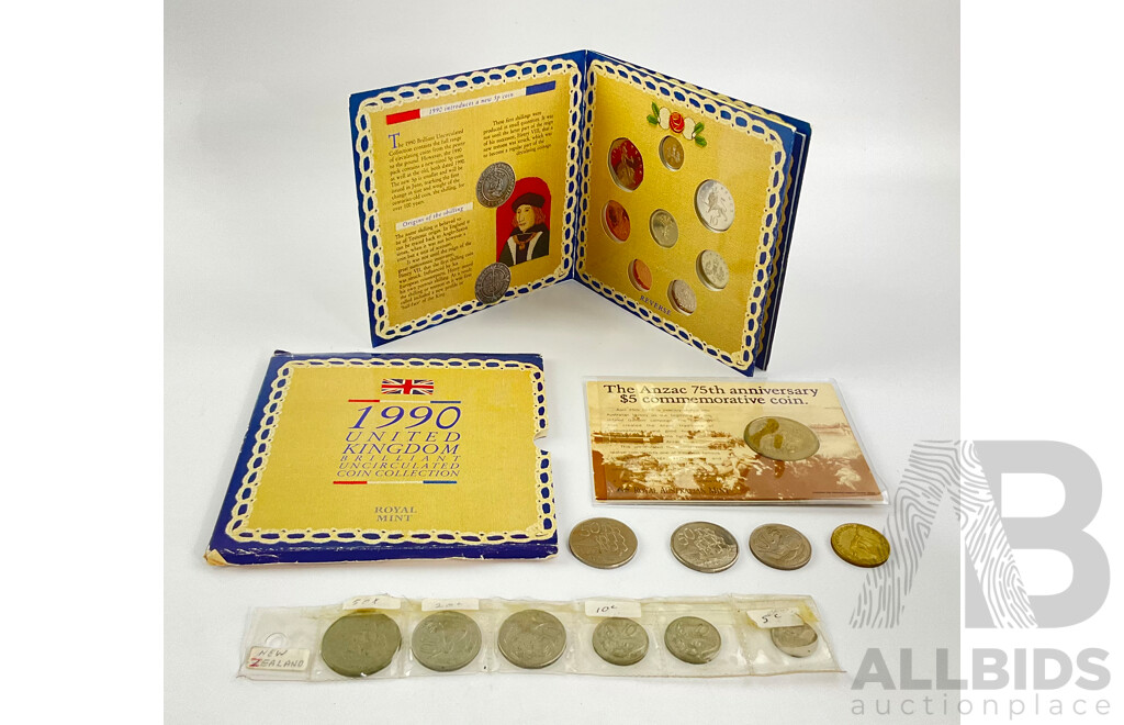 Collection of Commonwealth Coins Including Australian 1990 Commemorative ANZAC Five Dollar Coin, United Kingdom 1990 UNC Brilliant Coin Set, New Zealand 1975, 79, 80 Round Fifty Cents and One Dollar, Twenty, Ten, Five Cents