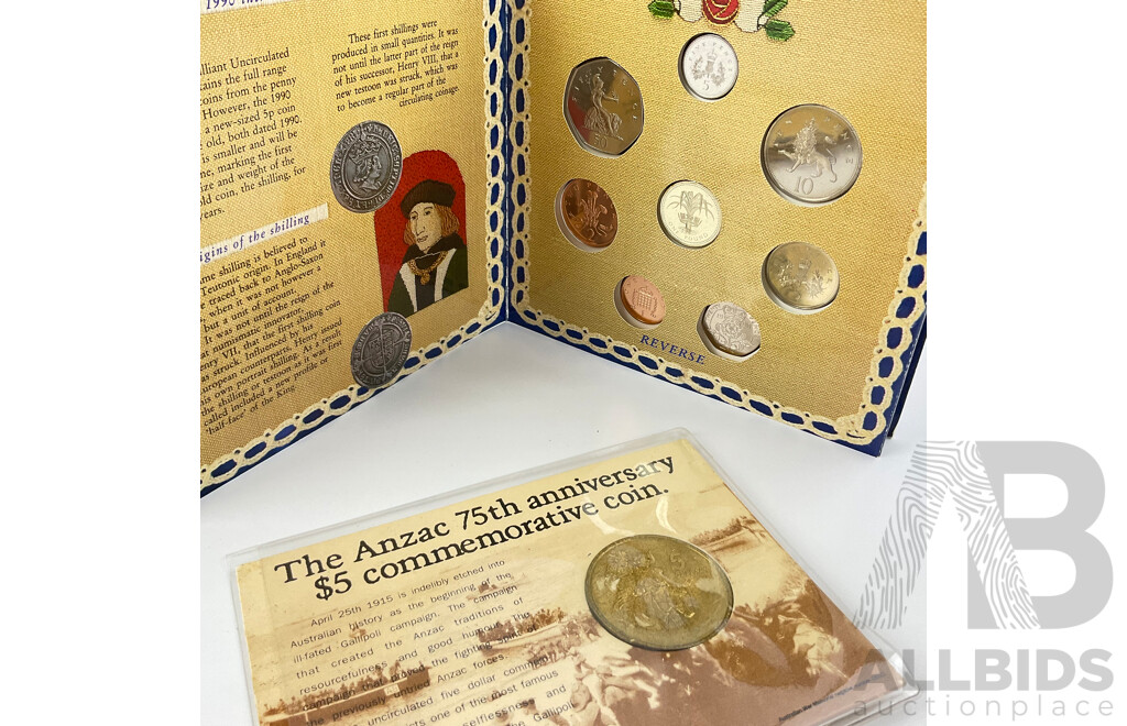 Collection of Commonwealth Coins Including Australian 1990 Commemorative ANZAC Five Dollar Coin, United Kingdom 1990 UNC Brilliant Coin Set, New Zealand 1975, 79, 80 Round Fifty Cents and One Dollar, Twenty, Ten, Five Cents