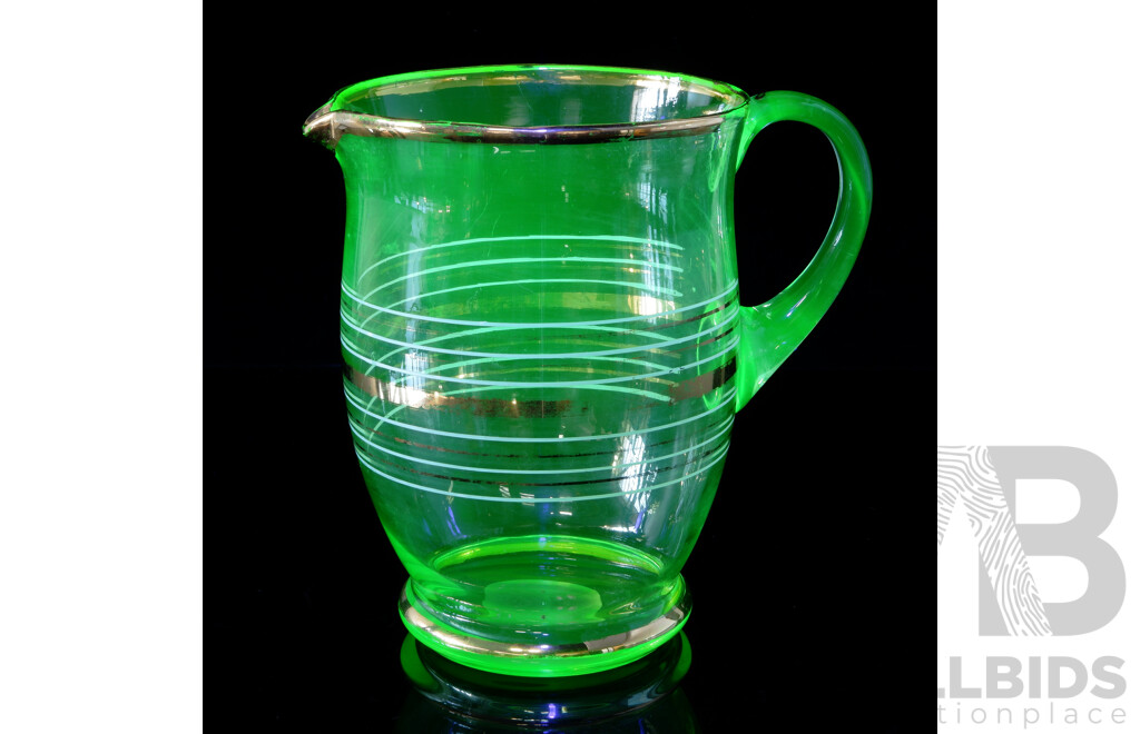 Mid Century Uranium Glass Pitcher with Gilt and White Lines