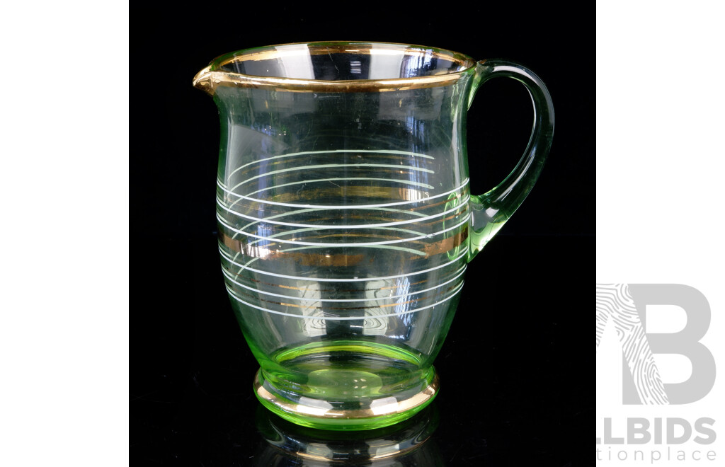 Mid Century Uranium Glass Pitcher with Gilt and White Lines