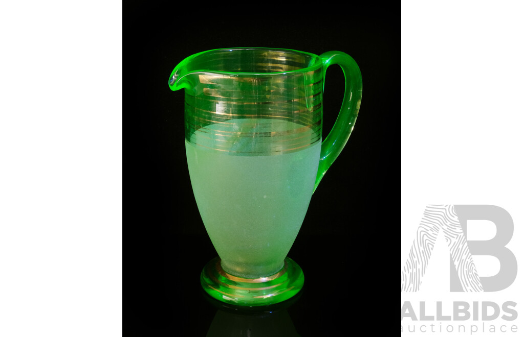 Mid Century Uranium Glass Pitcher with Frosted Base and Gilt Lines