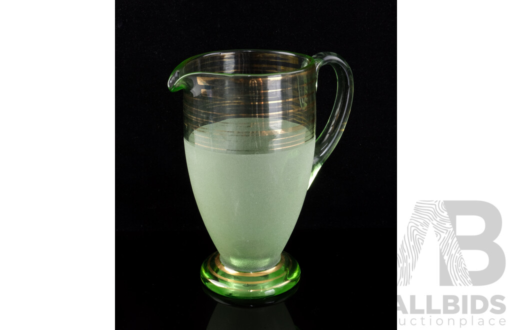 Mid Century Uranium Glass Pitcher with Frosted Base and Gilt Lines