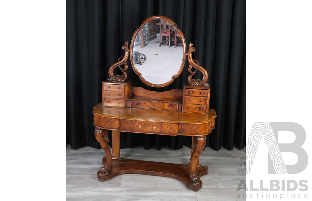 Antique Victorian Cedar Duchess Dresser with Carvings to Legs and Mirror Supports