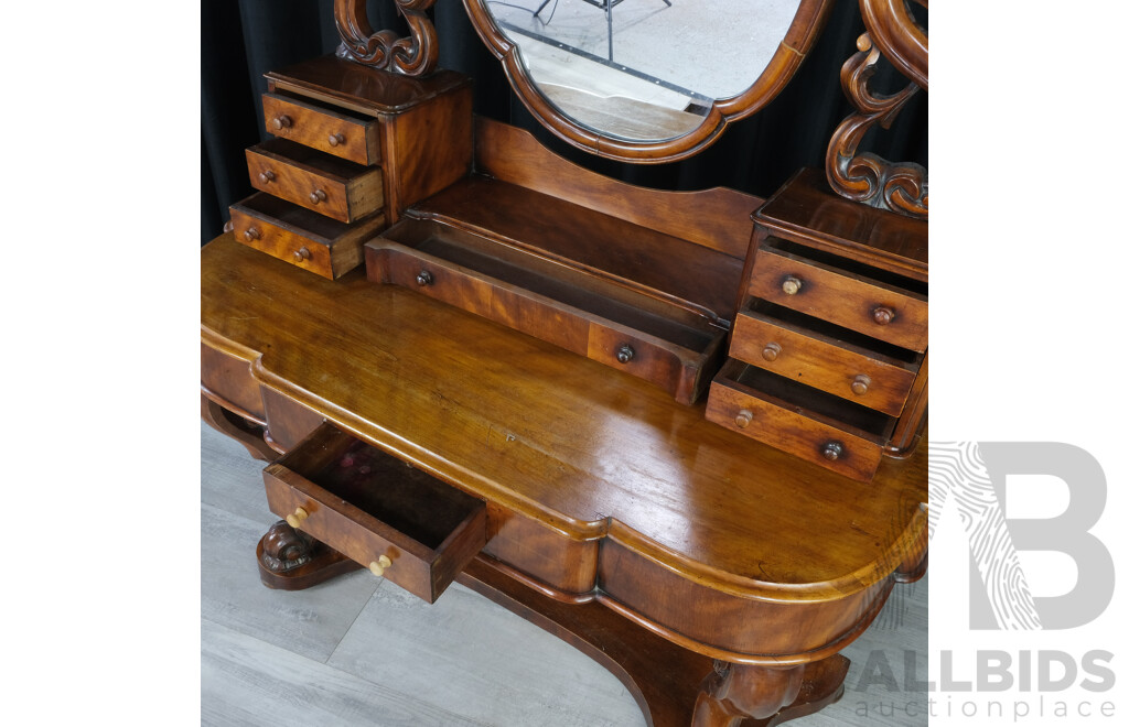 Antique Victorian Cedar Duchess Dresser with Carvings to Legs and Mirror Supports