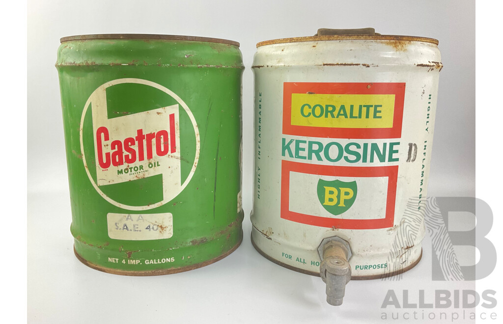 Vintage Castrol and BP Coralite Kerosine Four Gallon Drums with Spigot