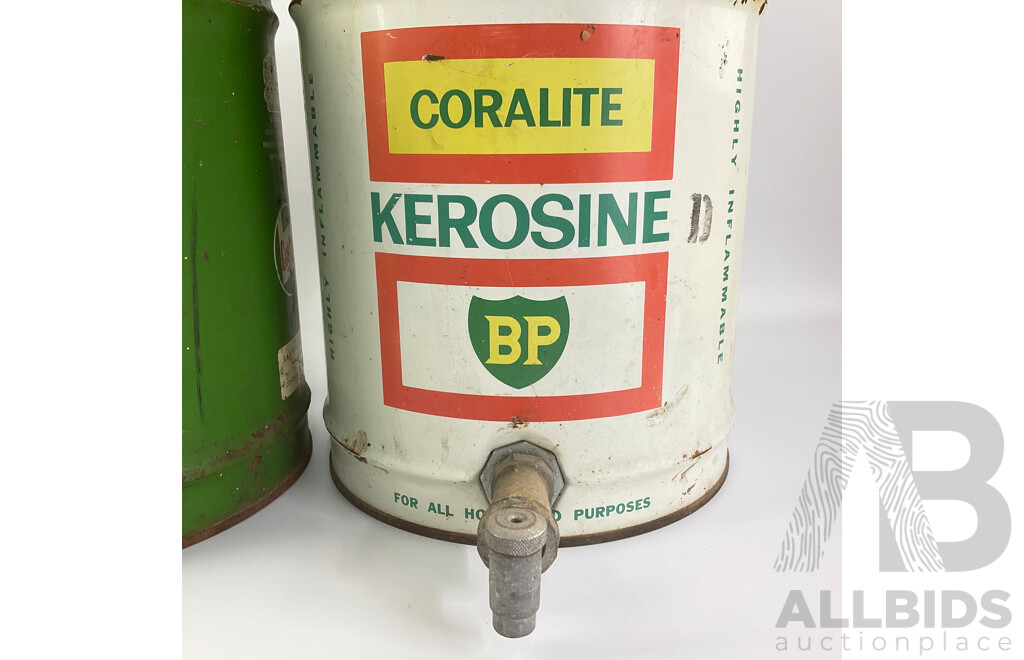 Vintage Castrol and BP Coralite Kerosine Four Gallon Drums with Spigot