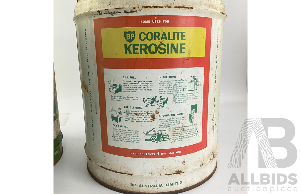 Vintage Castrol and BP Coralite Kerosine Four Gallon Drums with Spigot