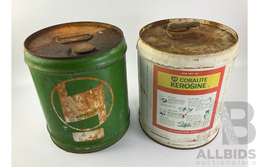 Vintage Castrol and BP Coralite Kerosine Four Gallon Drums with Spigot