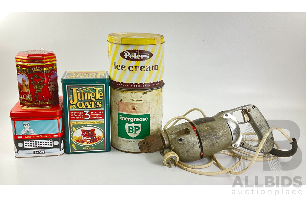 1950's Shermatic Electric Drill, with Vintage BP Energrease and Peters Ice Cream Tins